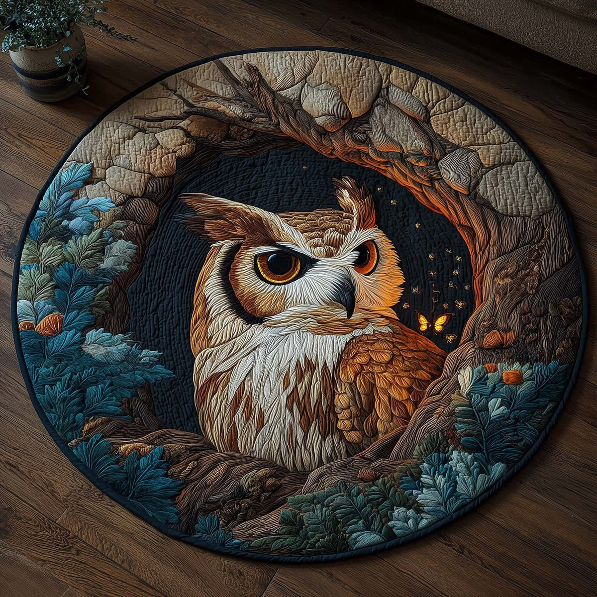 Summer Night Owl Round Mat Rug - washable non-slip printed rug