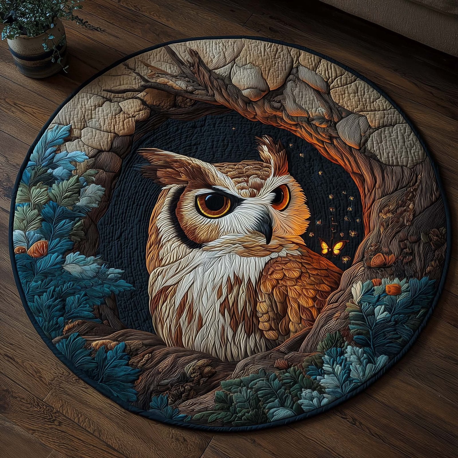 Summer Night Owl Round Mat Rug - Cute Pet Design | Animal Printed Home Decor