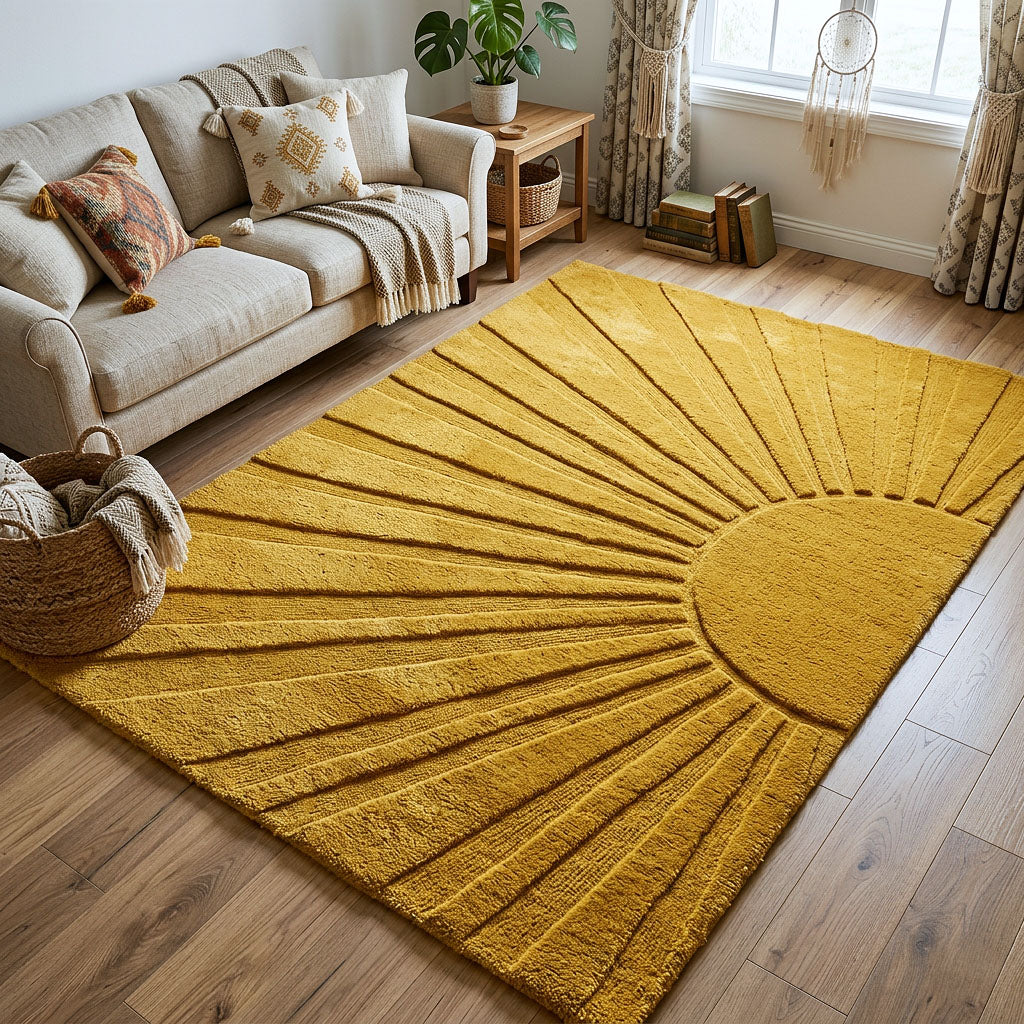 Sunburst area rug in a living room