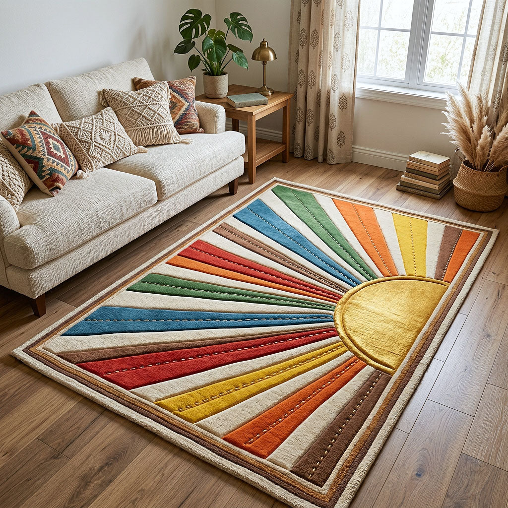 Sunburst area rug in a living room