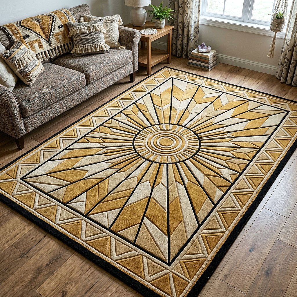Sunburst area rug in a living room