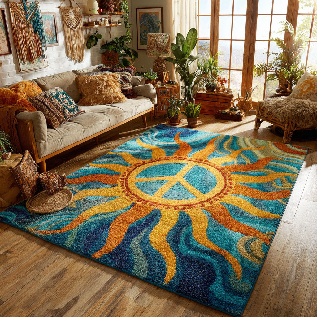 Sunburst Peace area rug in a living room