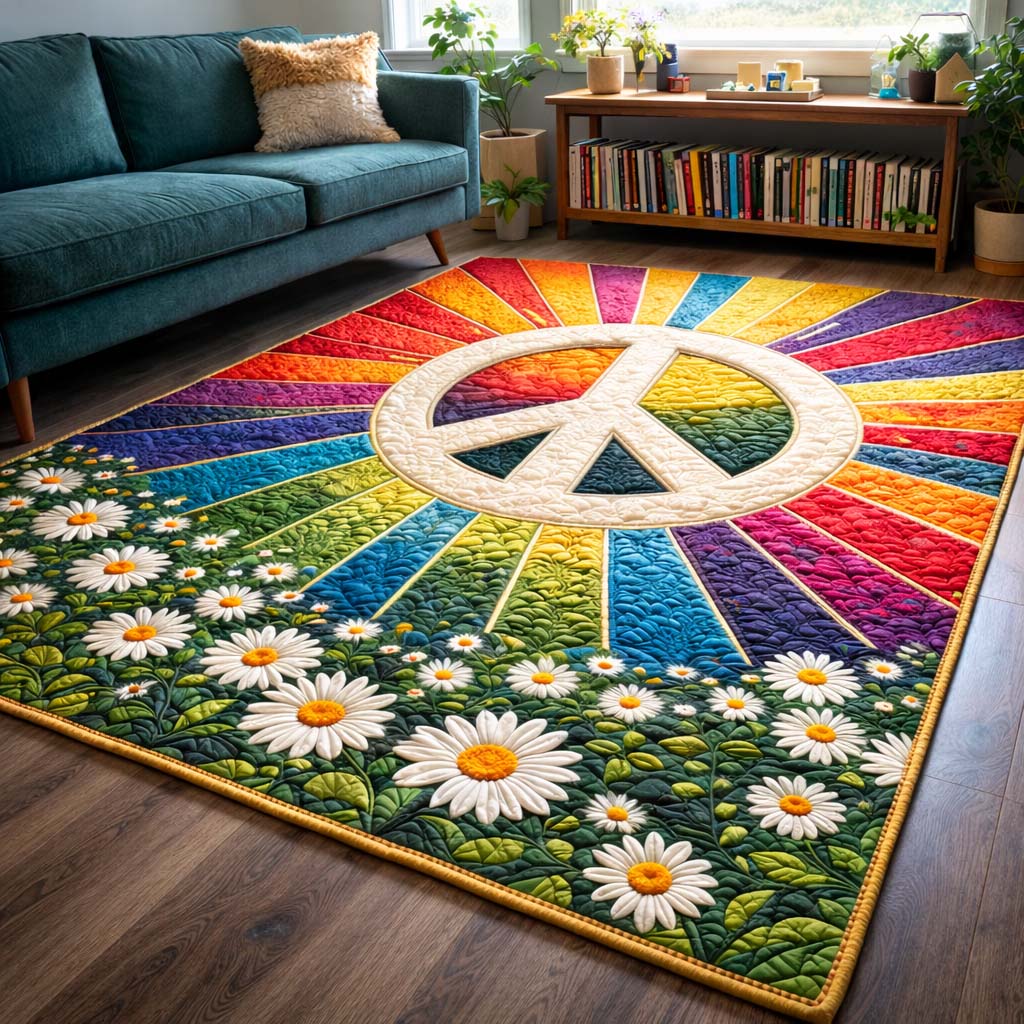 Sunburst Peace Garden area rug in a living room
