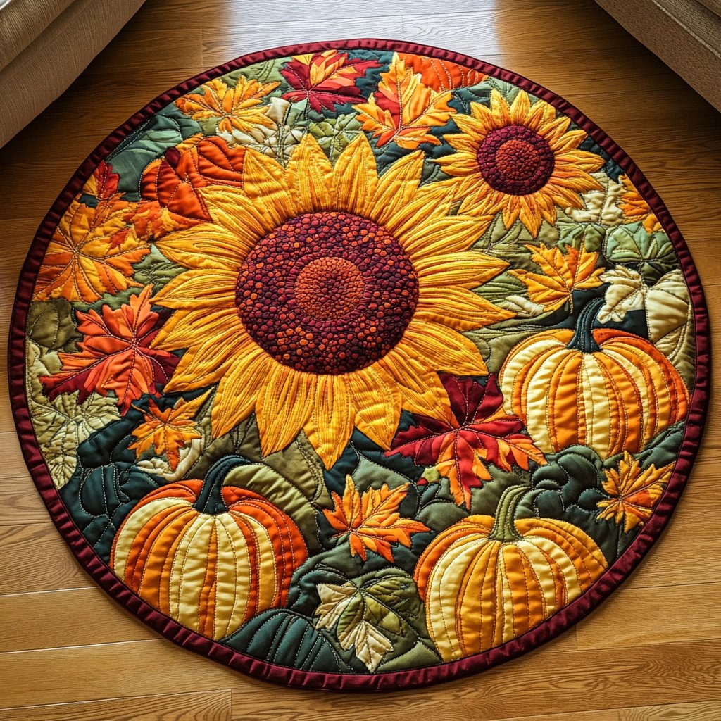 Sunflower Autumn Harvest Round Mat Rug - washable non-slip printed rug