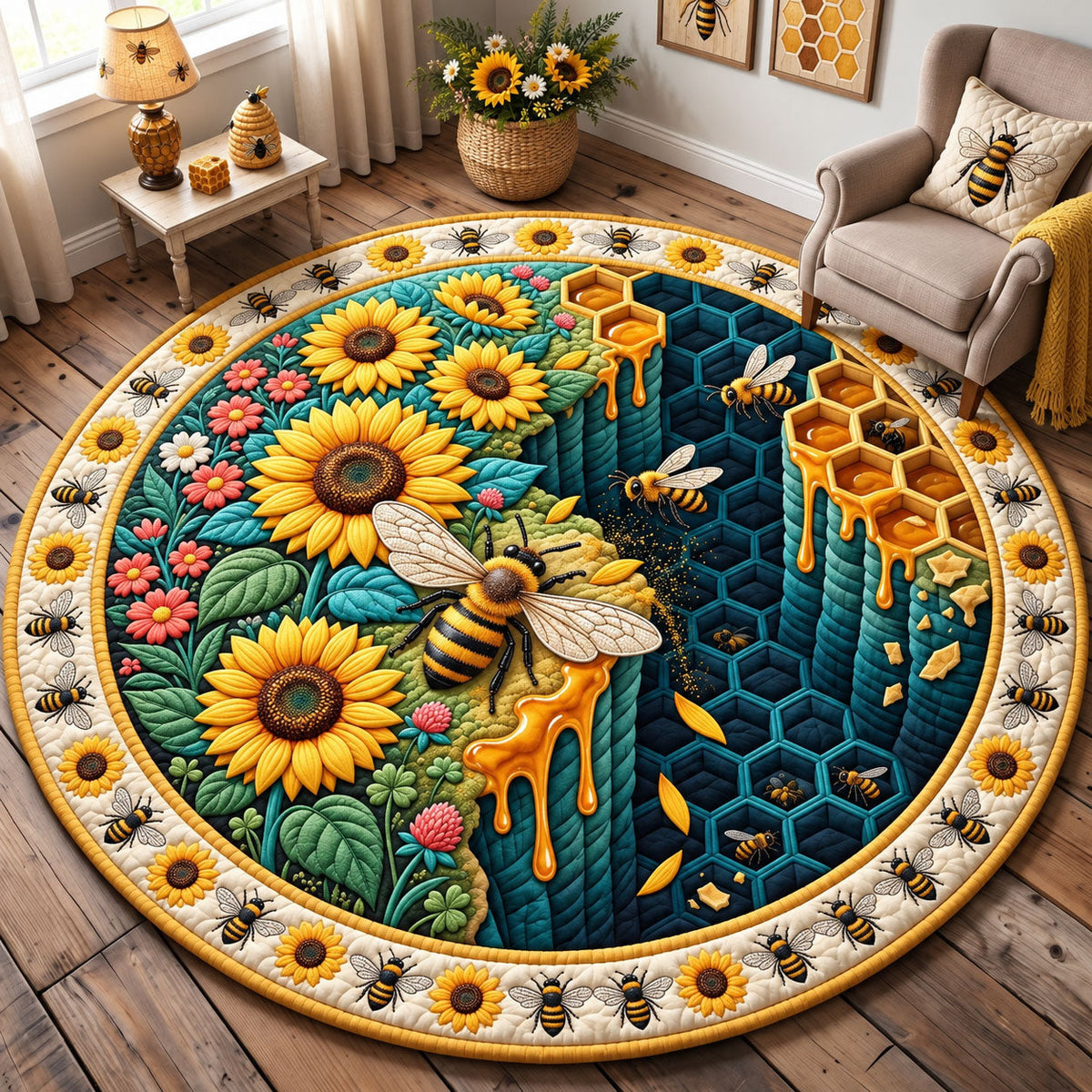 Sunflower Bee Canyon Round Mat Rug - Cute Animal Design | Charming Home Decor - washable non-slip printed rug
