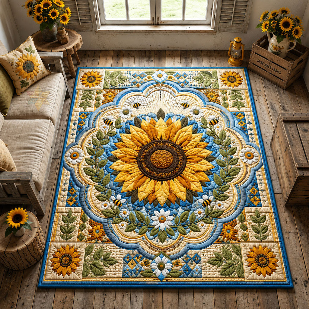 Sunflower Bee Garden area rug in a living room