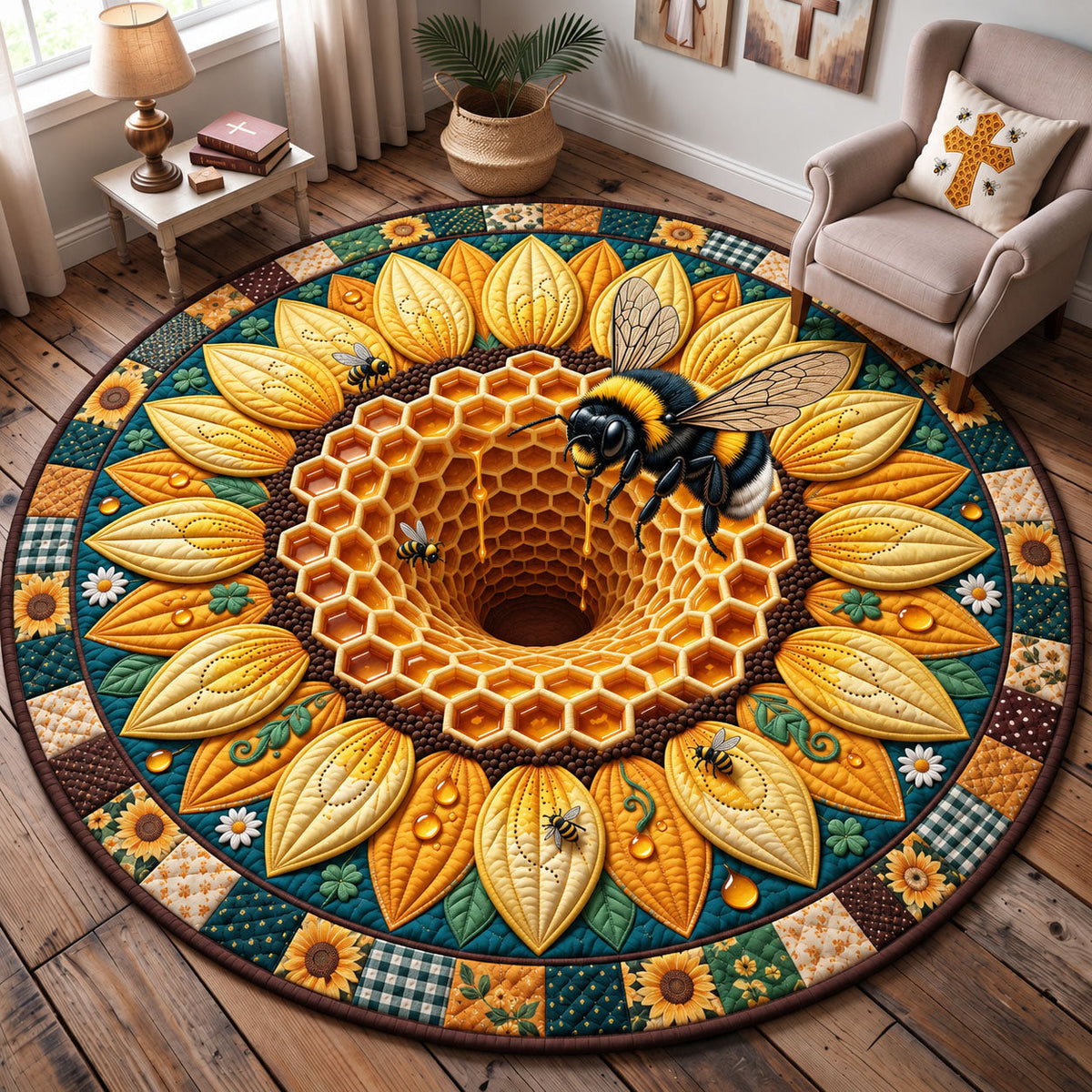 Sunflower Bee Haven Round Mat Rug - Cute Animal Design | Charming Home Decor - washable non-slip printed rug