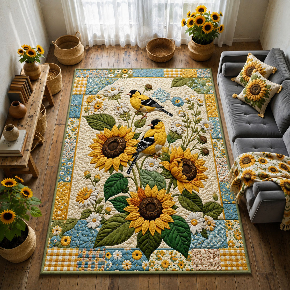 Sunflower Bird Garden area rug in a living room