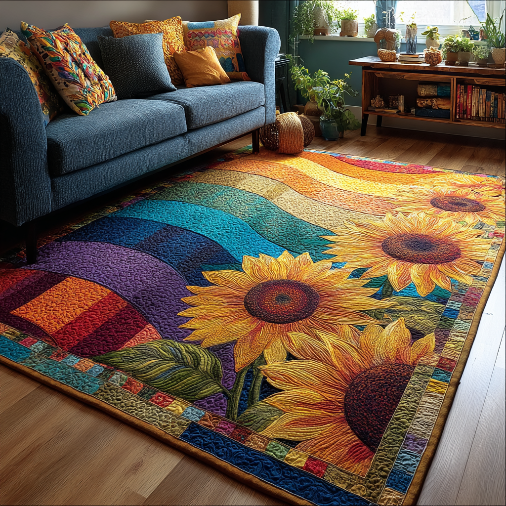 Sunflower Bloom area rug in a living room
