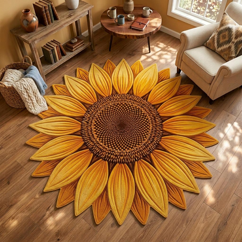 Sunflower Bloom Custom Shape Area Rug - Nature Design | Die-Cut Non-Slip Rug - washable non-slip printed rug