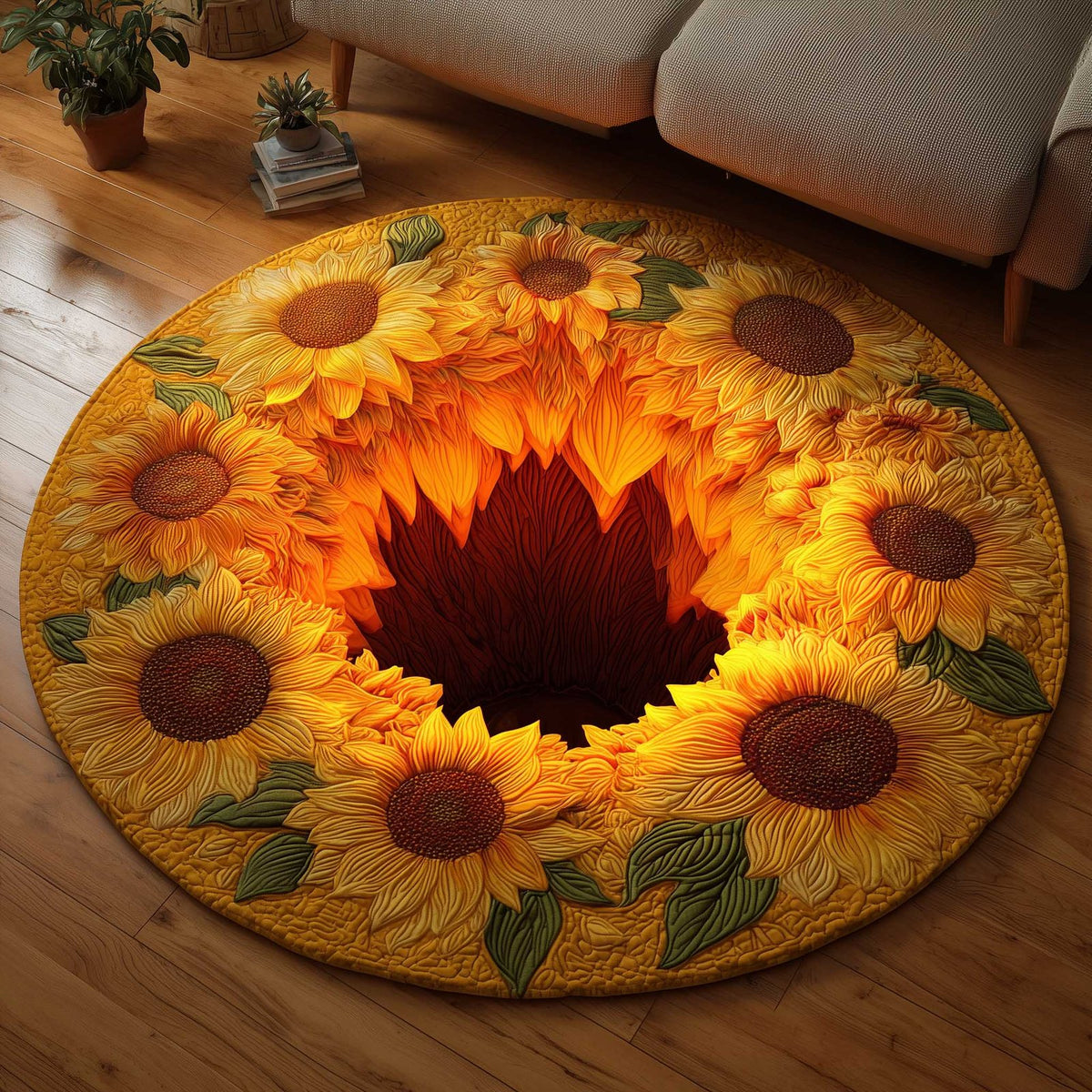 Sunflower Bloom Round Mat Rug - washable non-slip printed rug