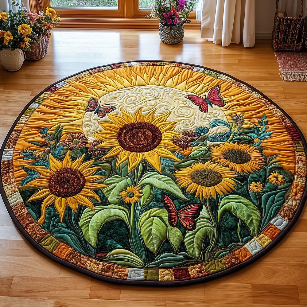 Sunflower Butterfly Round Mat Rug - Nature Design | Serene Home Decor