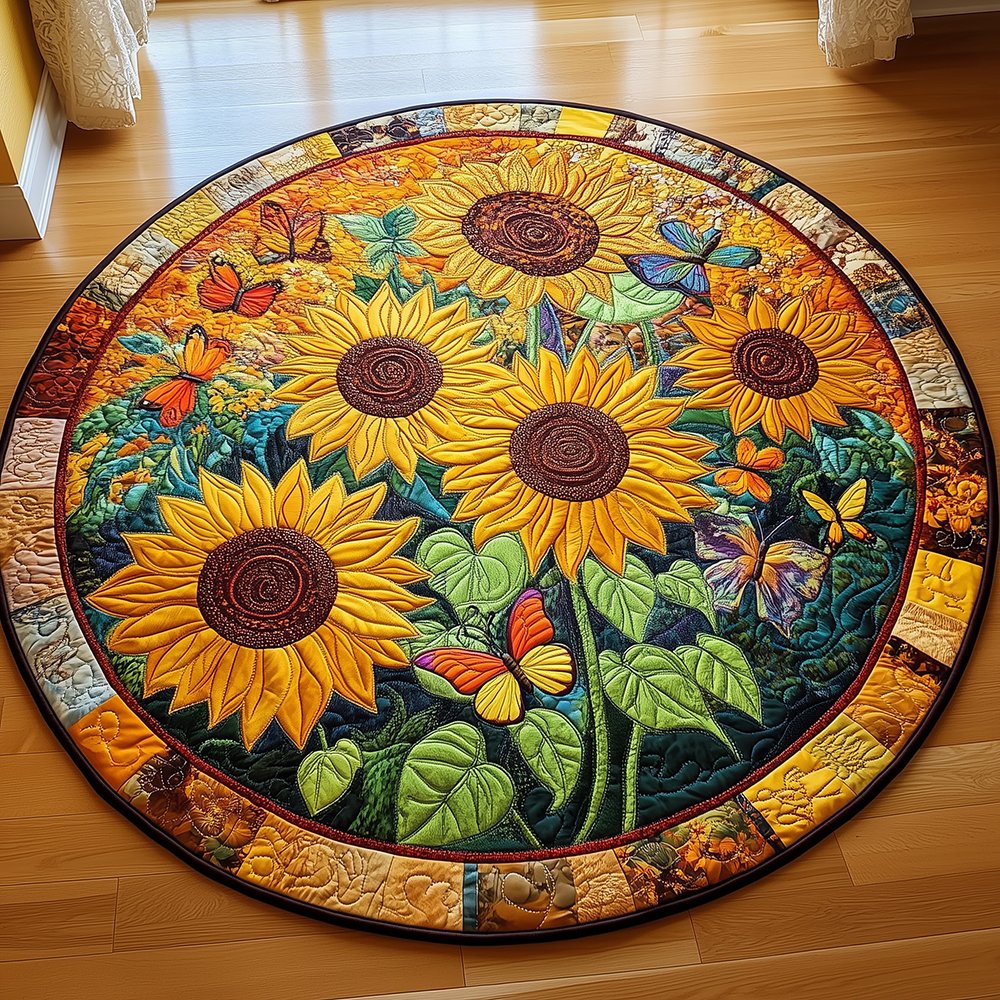 Sunflower Butterfly Round Mat Rug - Nature Design | Serene Home Decor