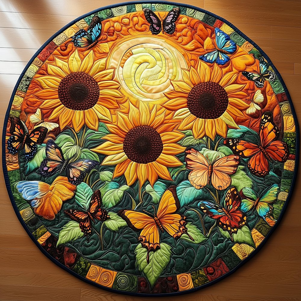 Sunflower Butterfly Round Mat Rug - Nature Design | Serene Home Decor