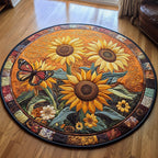 Sunflower Butterfly Round Mat Rug - washable non-slip printed rug