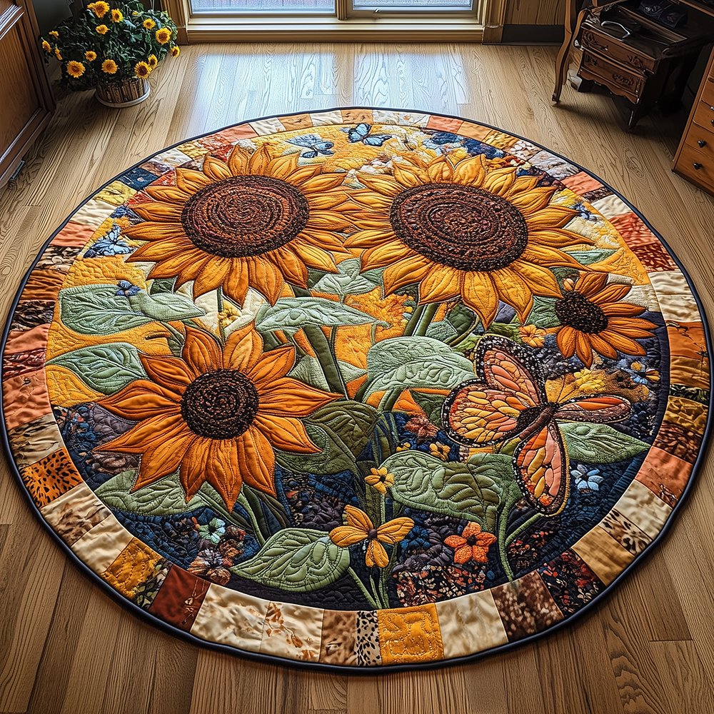 Sunflower Butterfly Round Mat Rug - Nature Design | Serene Home Decor