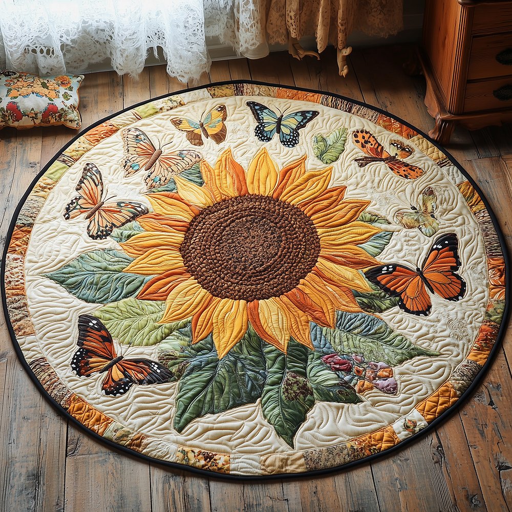 Sunflower Butterfly Round Mat Rug - Nature Design | Serene Home Decor