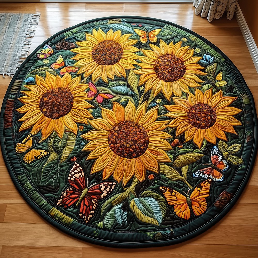 Sunflower Butterfly Round Mat Rug - Nature Design | Serene Home Decor