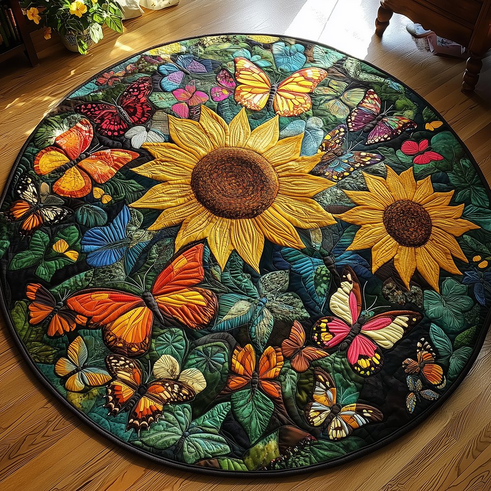 Sunflower Butterfly Round Mat Rug - Nature Design | Serene Home Decor