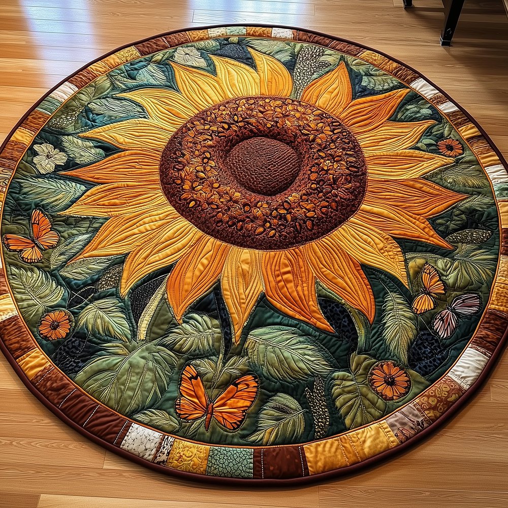 Sunflower Butterfly Round Mat Rug - Nature Design | Serene Home Decor