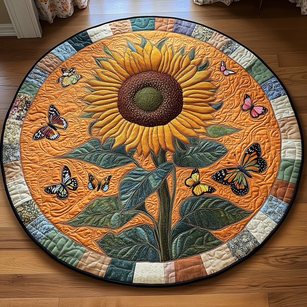 Sunflower Butterfly Round Mat Rug - Nature Design | Serene Home Decor
