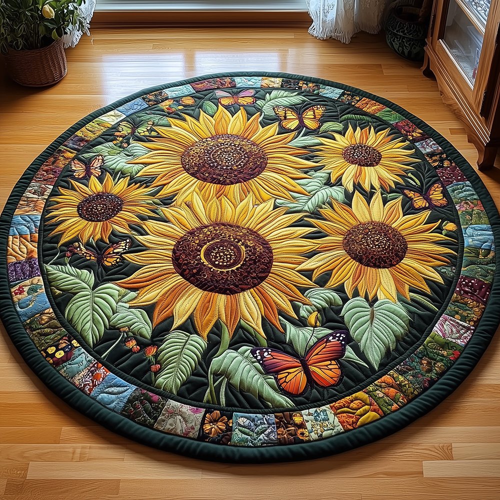 Sunflower Butterfly Round Mat Rug - Nature Design | Serene Home Decor