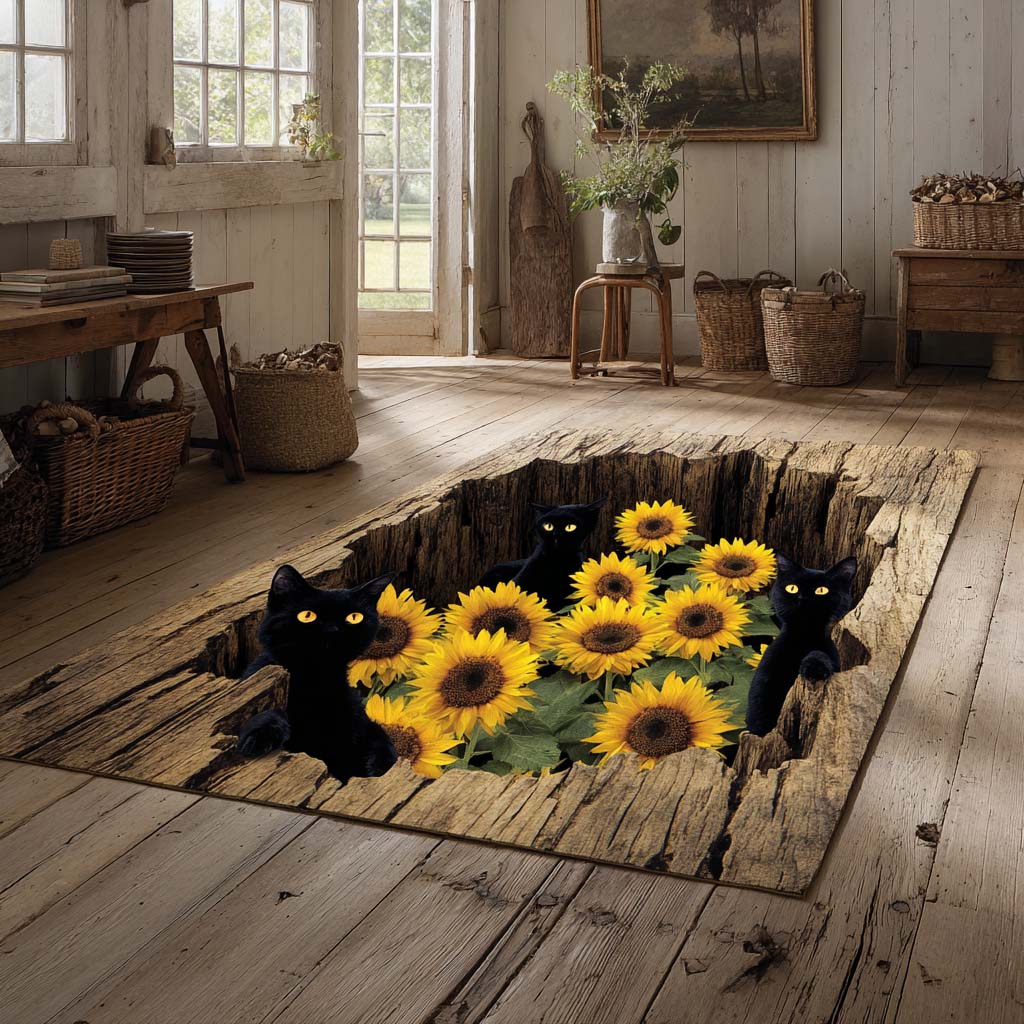 Sunflower Cat Hollow area rug in a living room