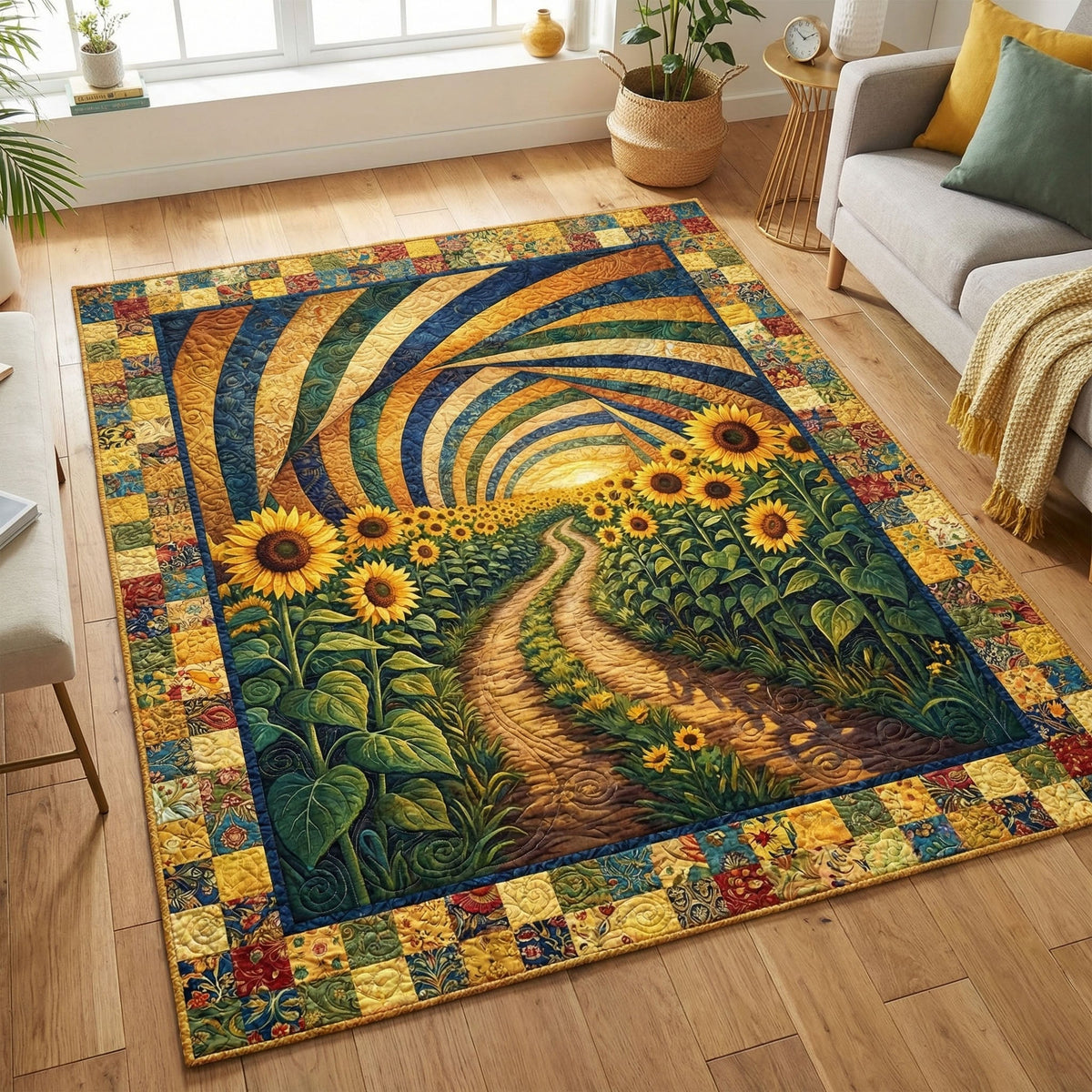 Sunflower Country Lane area rug in a living room