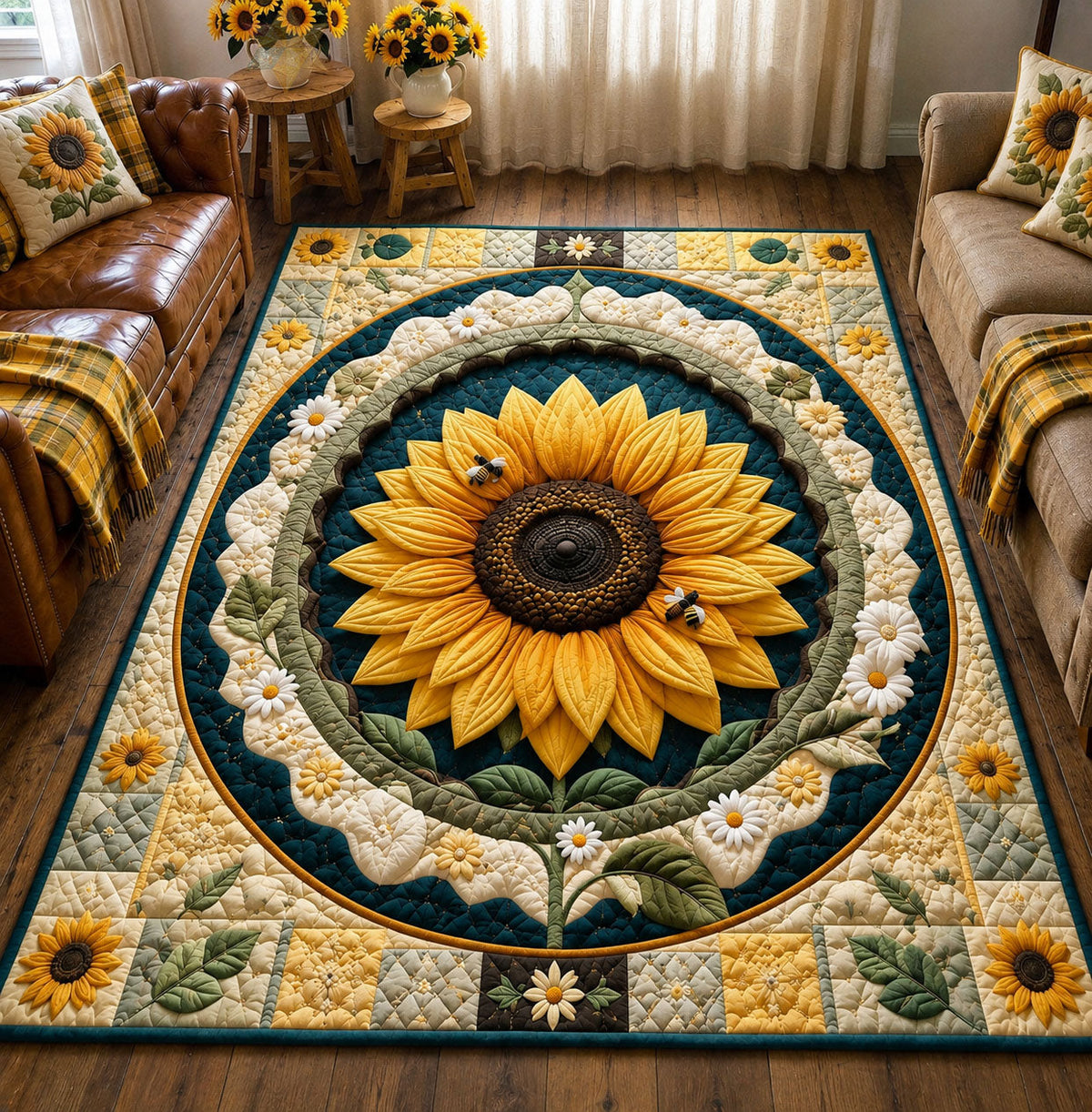 Sunflower Daisy Circle area rug in a living room