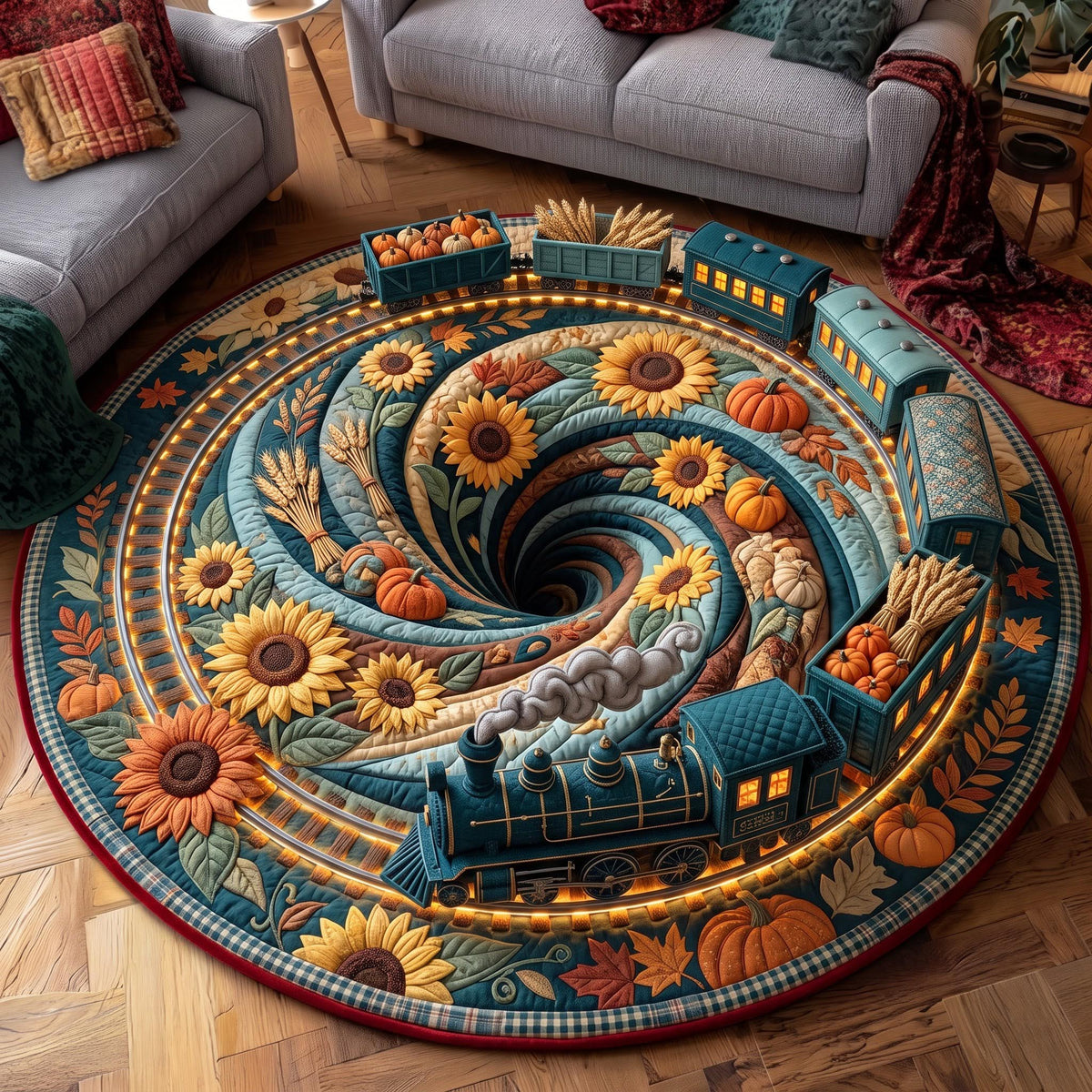 Sunflower Express Round Mat Rug - Nature Design | Serene Home Decor - washable non-slip printed rug