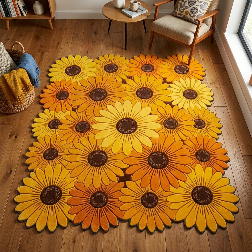 Sunflower Field Custom Shape Area Rug - Nature Design | Die-Cut Non-Slip Rug - washable non-slip printed rug
