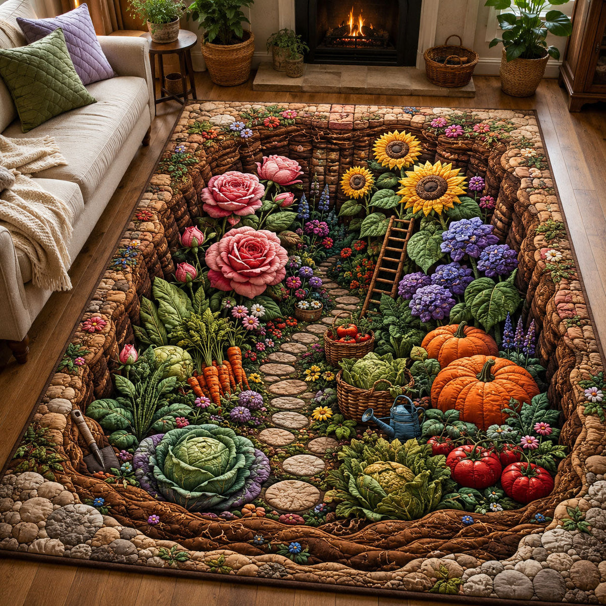 Sunflower Harvest Garden area rug in a living room