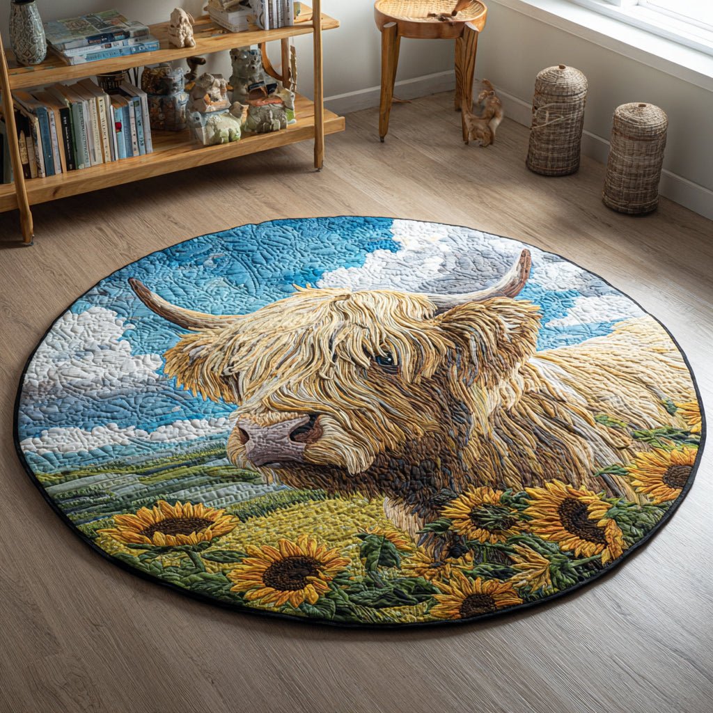 Sunflower Highland Cow Round Mat Rug - washable non-slip printed rug