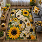 Sunflower Honey Bee area rug in a living room