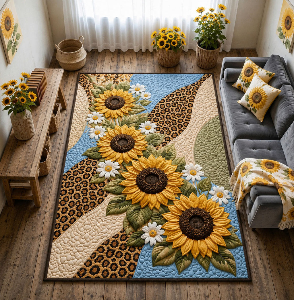 Sunflower Leopard Bloom area rug in a living room