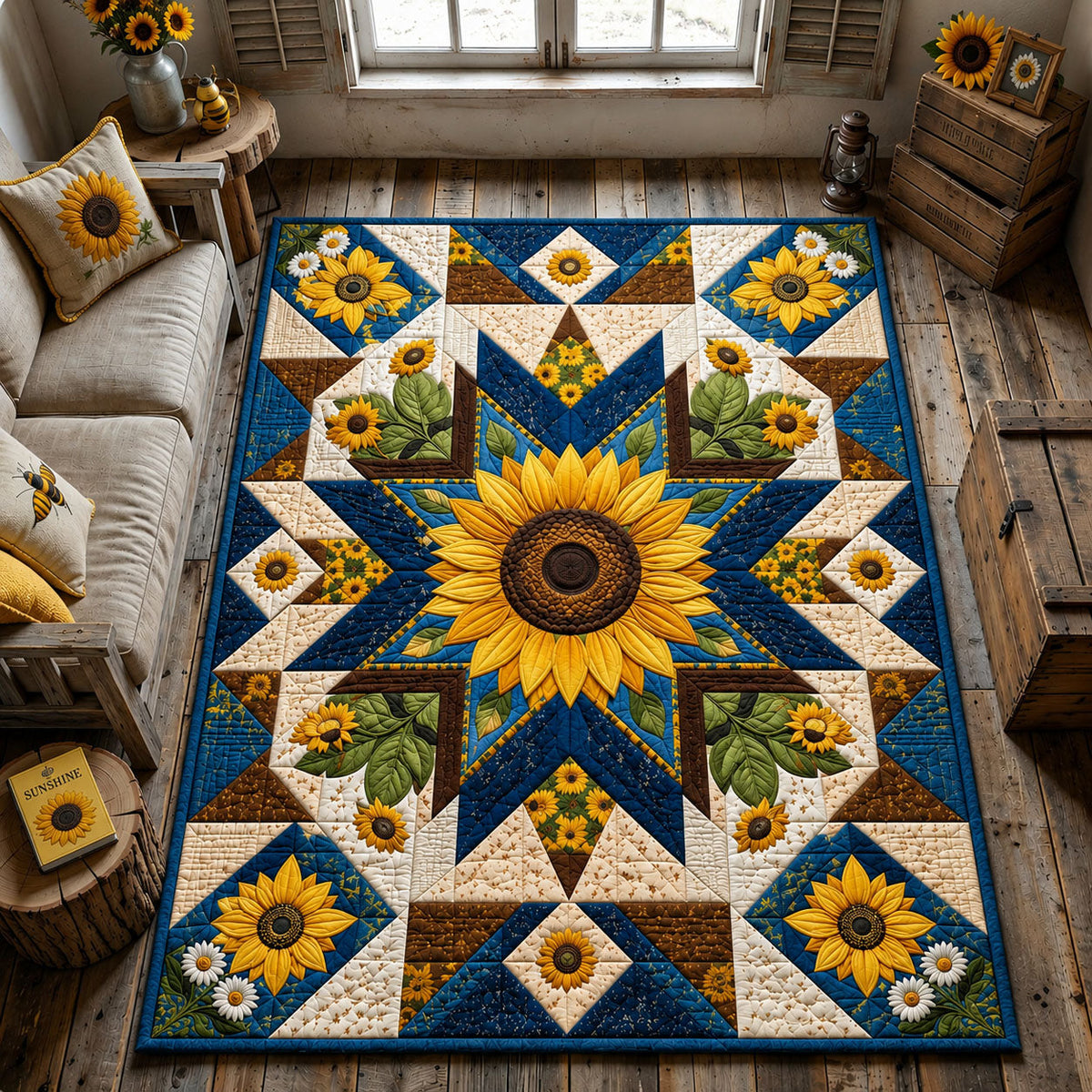 Sunflower Star Garden area rug in a living room