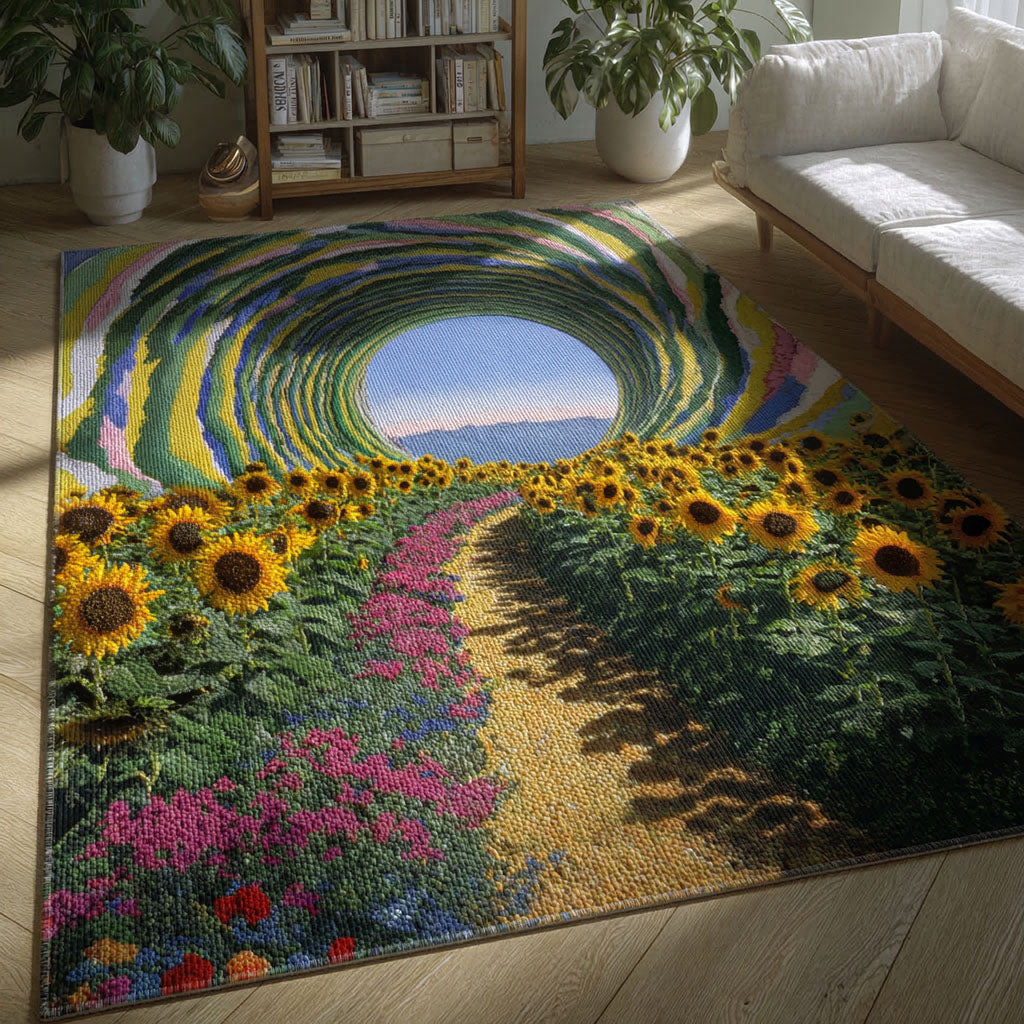 Sunflower Valley Escape area rug in a living room