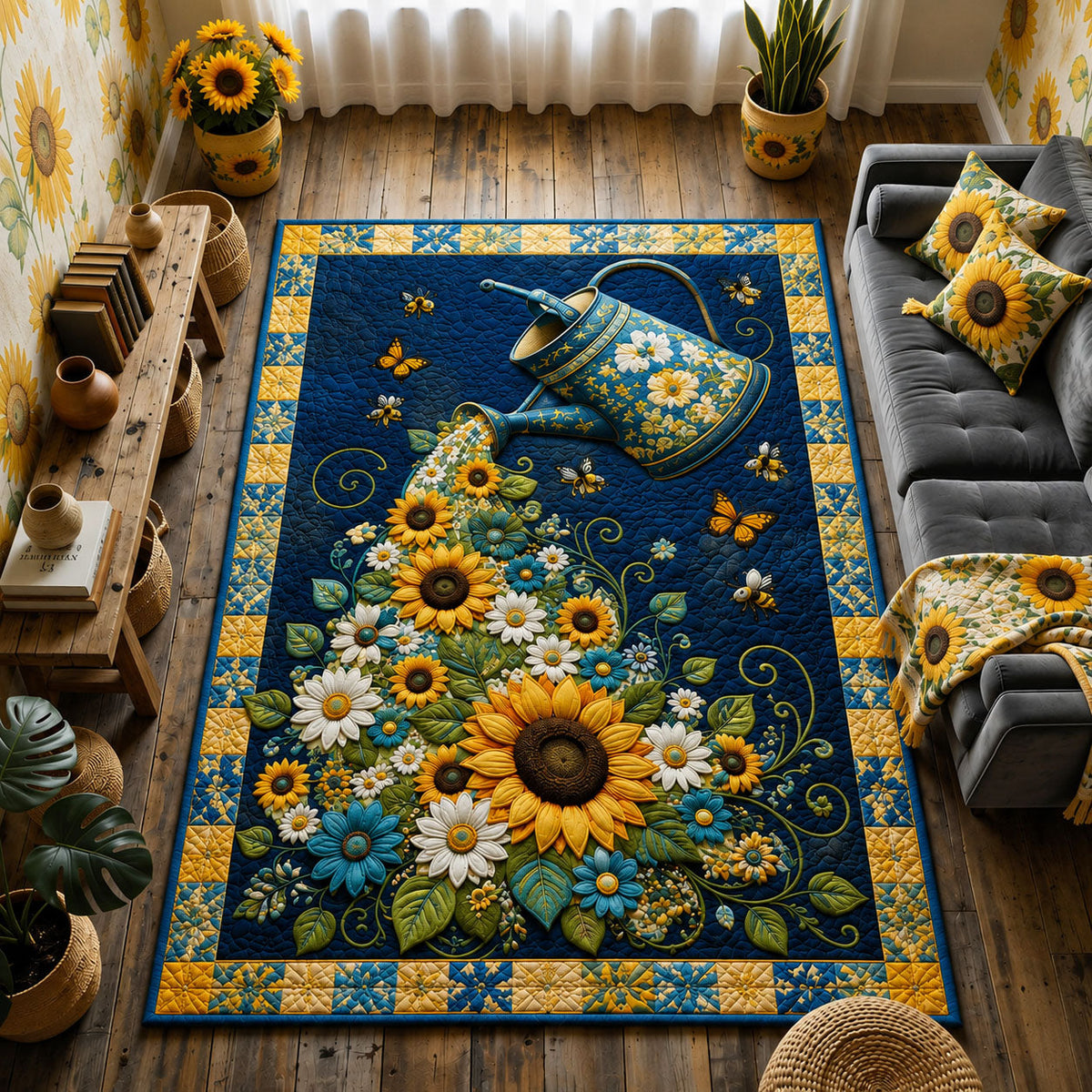 Sunflower Watering Garden area rug in a living room