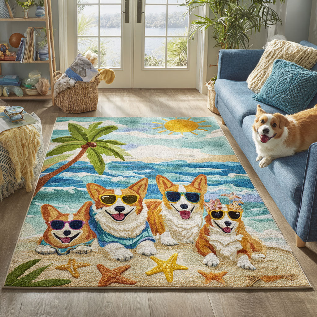 Sunglass Pup area rug in a living room
