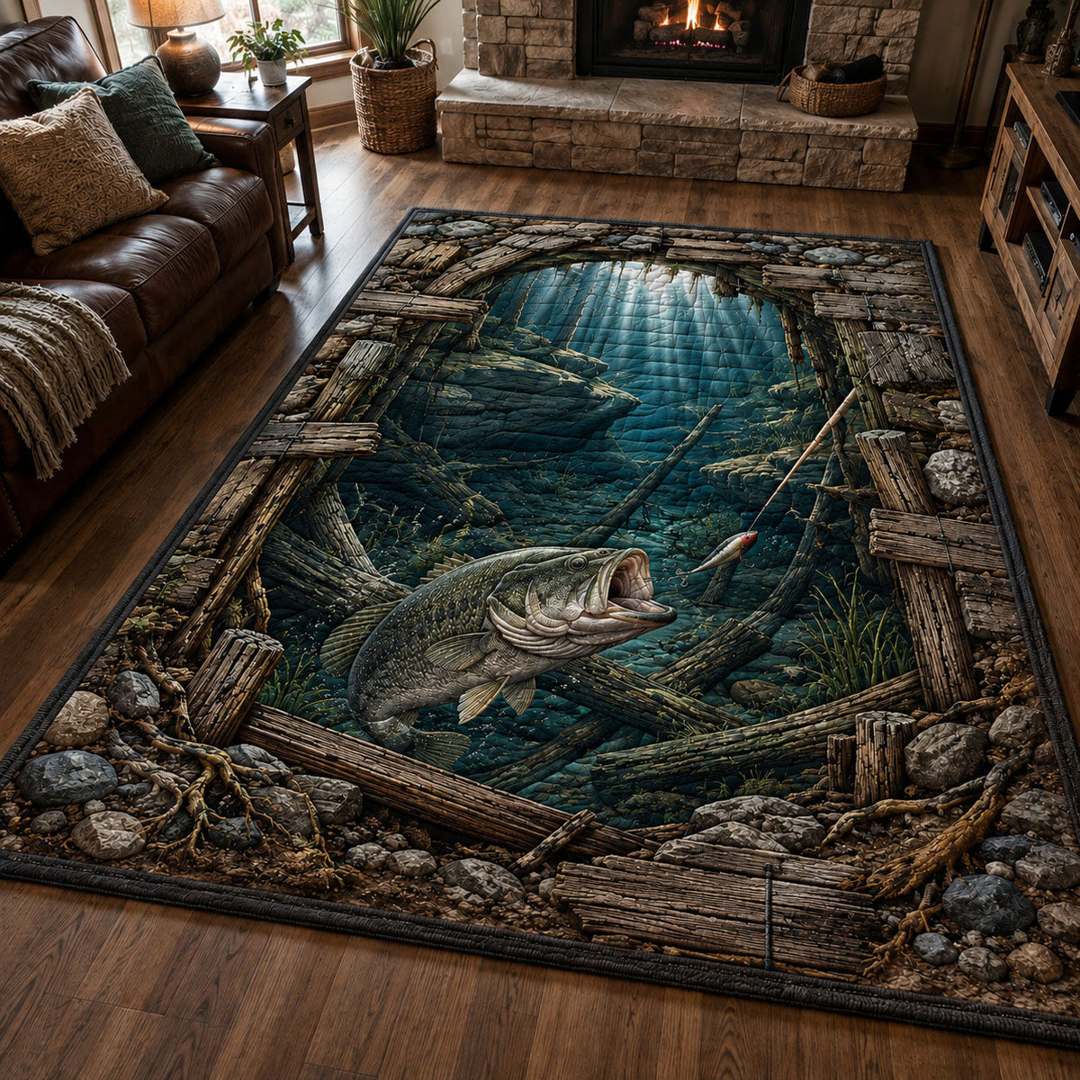 Sunken Timber Lake Bass area rug in a living room