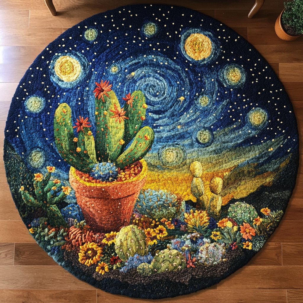 Sunlit Cactus Round Mat Rug - washable non-slip printed rug