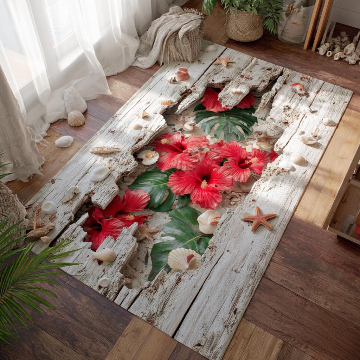 Sunlit Hibiscus area rug in a living room
