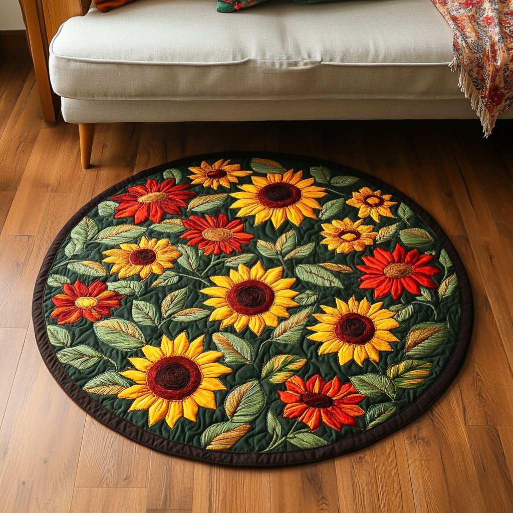 Sunlit Petals Round Mat Rug - washable non-slip printed rug