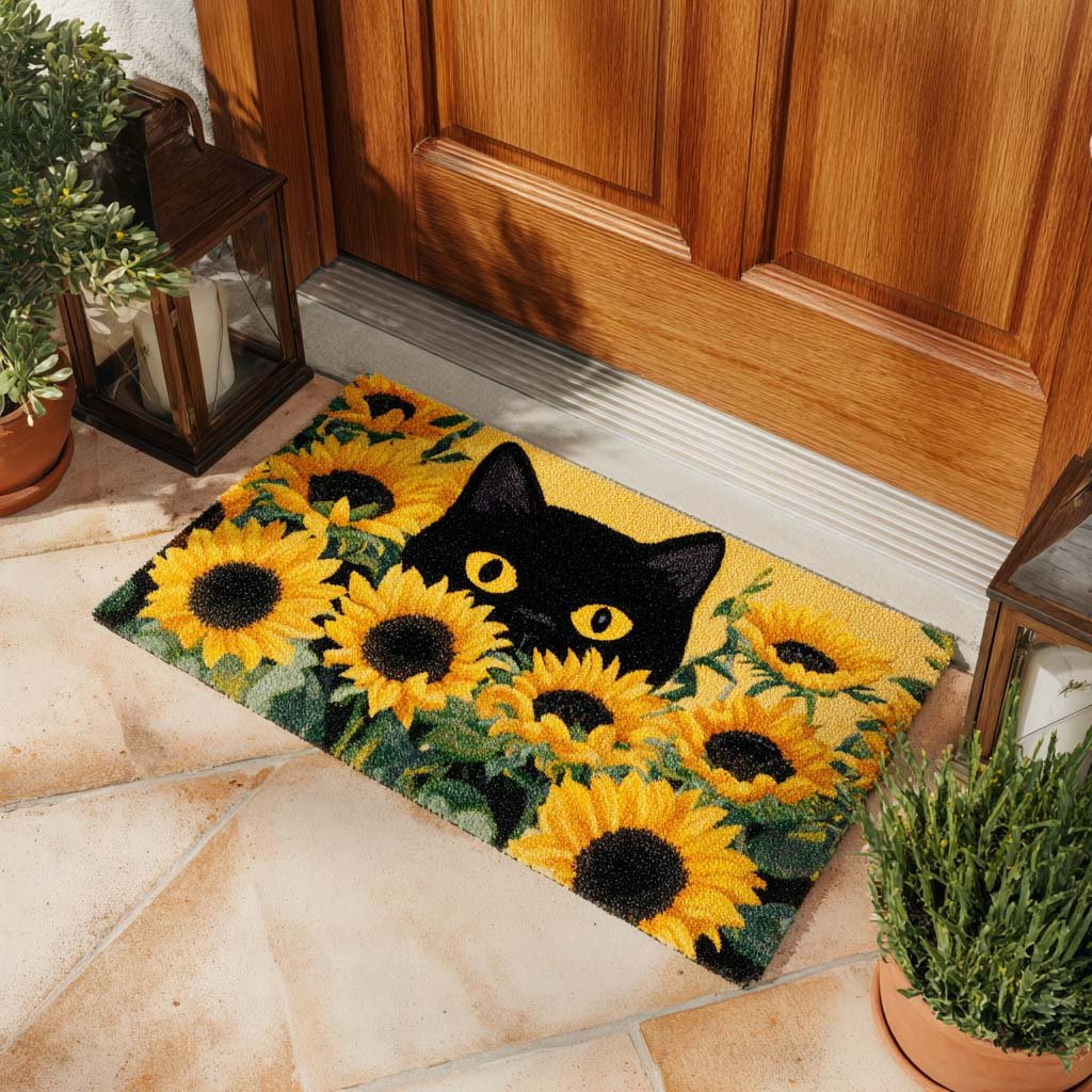 Sunny Black Cat Doormat - Cute Animal Design | Printed Welcome Doormat