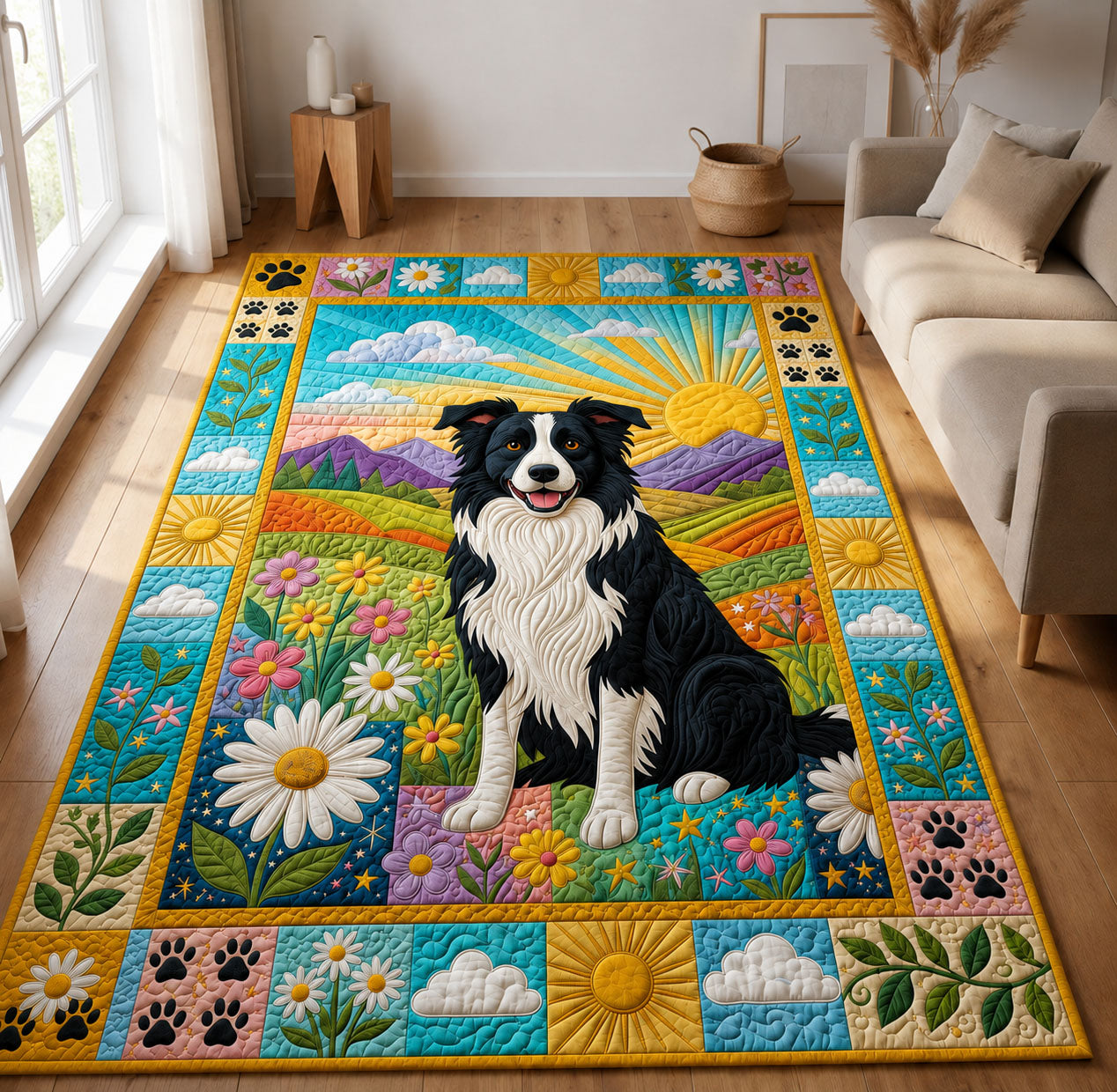 Sunny Border Collie Meadow area rug in a living room