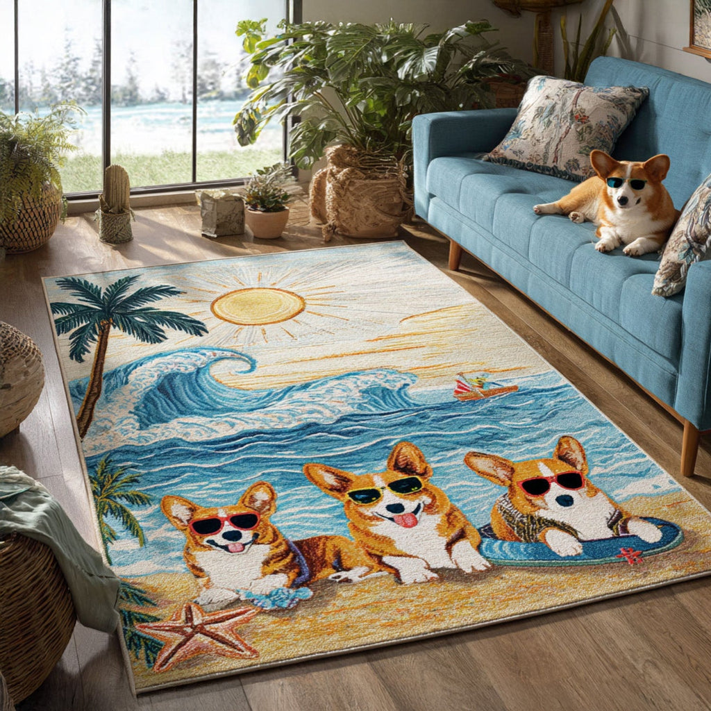 Sunny Day Corgi area rug in a living room