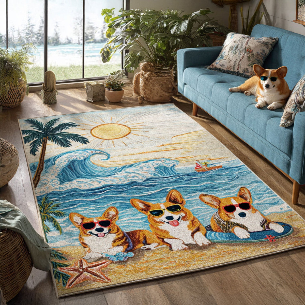 Sunny Day Corgi area rug in a living room
