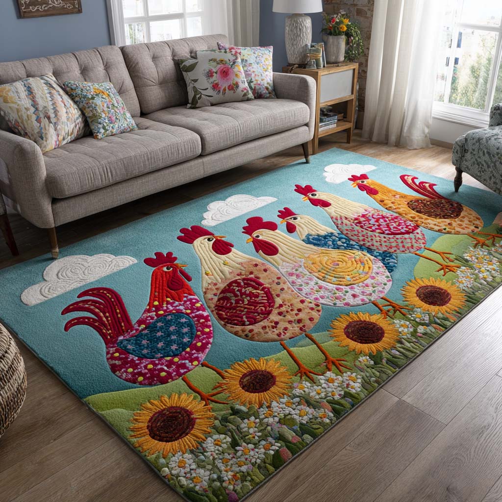 Sunny Hens area rug in a living room