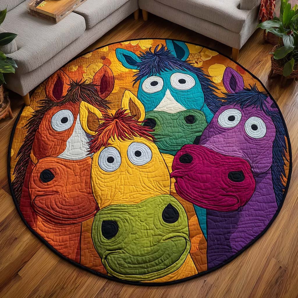 Sunny Ponies Round Mat Rug - washable non-slip printed rug