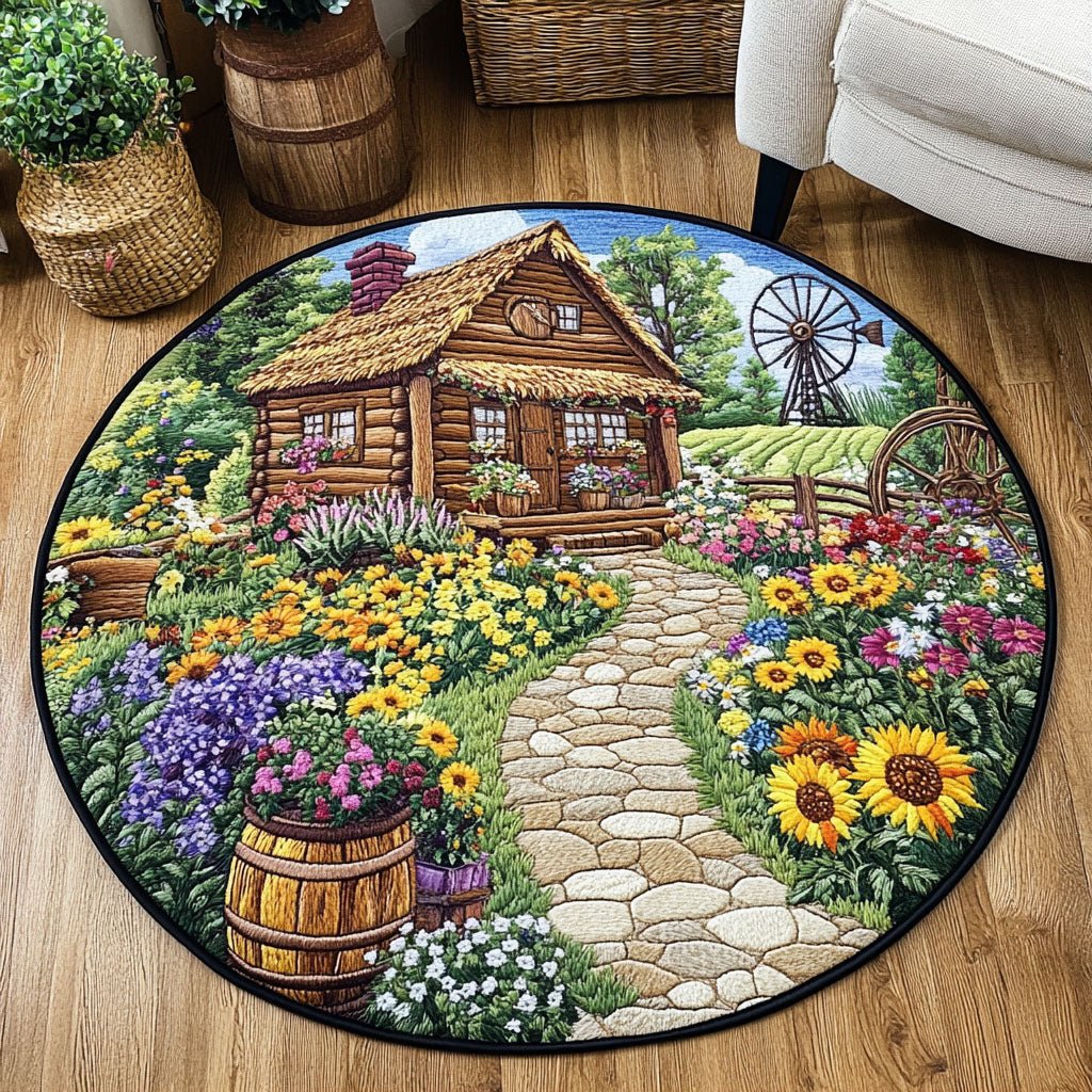 Sunny Porch Bloom Round Mat Rug - washable non-slip printed rug